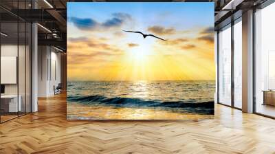 Bird Flying Sunset Flight Inspirational Soaring Ocean Beautiful Sunrise Divine Silhouette Header Banner Wall mural