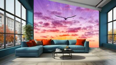 Inspirational Banner Sunset Birds Sun Rays Surreal Colorful Banner Wall mural