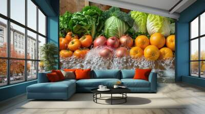 A collection of fresh produce including oranges tomatoes onions lettuce and cabbage submerged in a sink full of bubbly water Wall mural