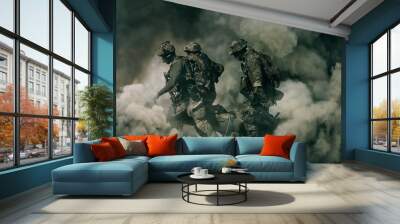 Army Soldiers carrying patient to the aircraft between smoke in the battle field Wall mural