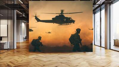 Military and helicopter troops on the way to the battlefield in sunset. Wall mural