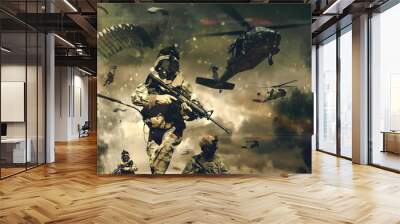 Military forces & helicopters between smoke and dust at battlefield. Wall mural