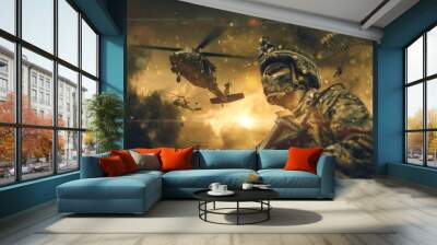 Military forces & helicopters between smoke and dust at battlefield. Wall mural