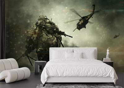 Military forces & helicopters between smoke and dust in battlefield. Wall mural