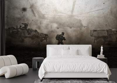 Military forces between storm & dust in desert Wall mural