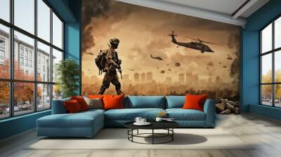 Military helicopter and forces in destroyed city and soldiers are in flight with a parachute Wall mural