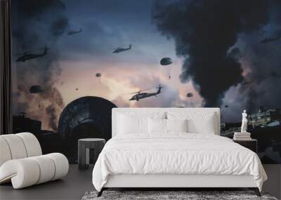 Military helicopter between smoke and fire in destroyed city and soldiers are in flight with a parachute at sunset. Wall mural