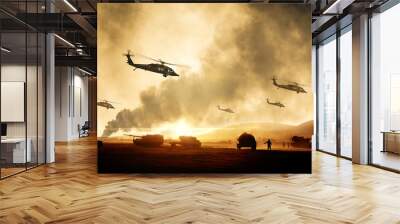 Military helicopters, forces and tanks in plane in war at sunset Wall mural