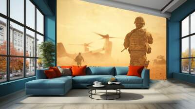 Military helicopters and forces between storm & dust in battlefield Wall mural