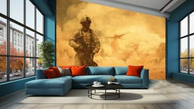 Military helicopters and forces between storm & dust in battlefield Wall mural