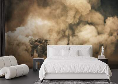 Military soldier making contact with Command Center between smoke in battle field Wall mural