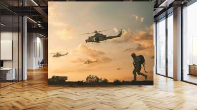 Military soldiers and helicopters and tanks in desert in battlefield Wall mural