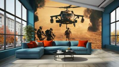 Military soldiers are running to the helicopter in battlefield Wall mural