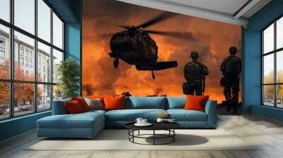 Military soldiers walking to helicopter in battlefield at sunset Wall mural