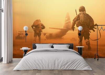 Military troops and helicopter on the way to the battlefield / Between sand storm in desert Wall mural