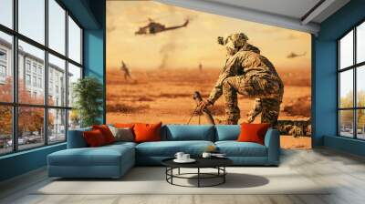 Military troops and helicopter on the way to the battlefield in desert Wall mural