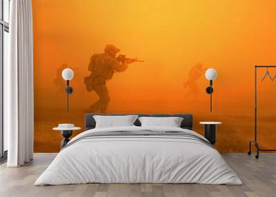 Military troops on the way to the battlefield in desert. Wall mural