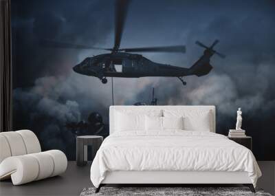 Swat forces and helicopter between smoke Wall mural