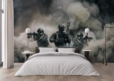 Swat forces between smoke and gas in battle field Wall mural