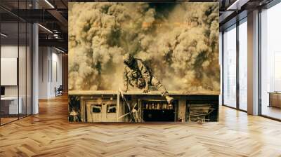 The military soldier escaping blast on the roof of destroyed house Wall mural