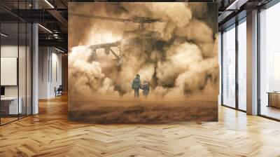 Two homeless little girl walking to helicopter between dust and storm  Wall mural