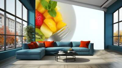 Fruit salad on a white plate with a fork, close-up, white background-gigapixel-hq-scale-6_00x Wall mural