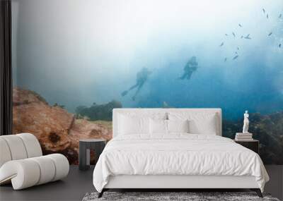 Scuba divers swimming with a grey reef sharks with underwater white foam Wall mural