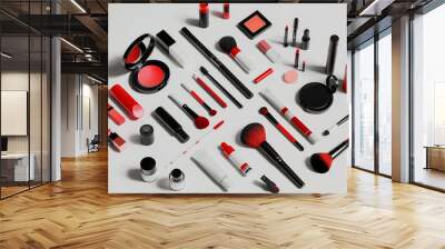  Isometric 3d realistic image of set of make-up cosmetic displaying knolling in neat and clean white background. AI Generative. Wall mural