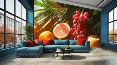 Realistic photo of tropical and winter fruits displayed in colorful and fresh aesthetics. Wall mural