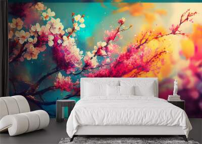 abstract nature background with spring blooming flowers ; spring blossoms landscape. Generative AI. Wall mural