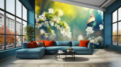 Art Beautiful blurred spring background nature with blooming glade, butterfly and blue sky on a sunny day. Generative AI. Wall mural