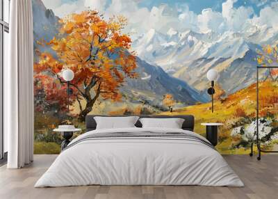 Autumn in the mountains of Caucasus. Oil color painting. Generative AI. Wall mural