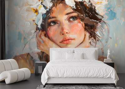 Beautiful pensive young girl with flower in her hair. Created in expressive manner and light colors Oil color painting. Generative AI. Wall mural