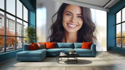 Big bright white smile headshot with a beautiful brunette woman sincere happy cheerful positive expression. generative ai. Wall mural