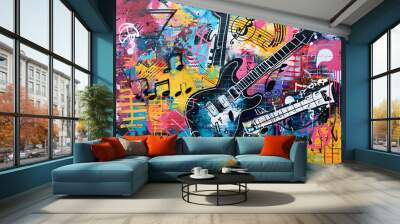 Cool music graffiti in urban style Oil color painting. Generative AI. Wall mural