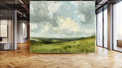 oil painting of an English countryside view with a cloudy sky and muted green colour tone Oil color painting. Generative AI. Wall mural