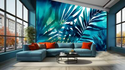 Palm leaves floral watercolour vivid abstract background in a modern style. Botanical design, vivid blue and emerald green colours. Generative AI. Wall mural