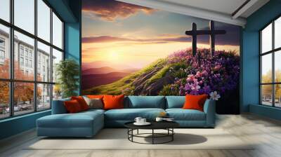 Religious cross on hilltop with spring flowers and sunrise. Generative AI Wall mural