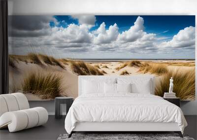 Sand dunes panorama with beach grass. Generative AI Wall mural