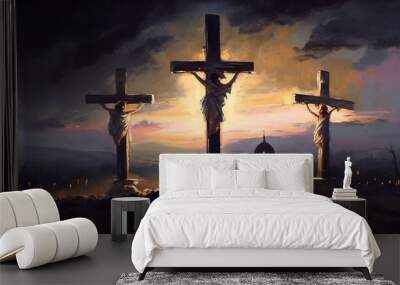 Three crosses on Calvary oil painting symbolic of the Jesus Christ. Generative AI Wall mural