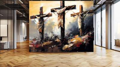 Three crosses on Calvary oil painting symbolic of the Jesus Christ. Generative AI Wall mural