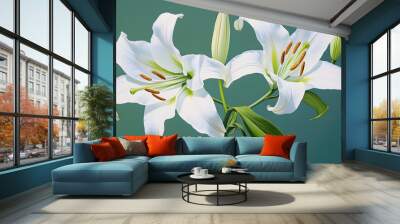 Two white lilies on green background. generative ai. Wall mural