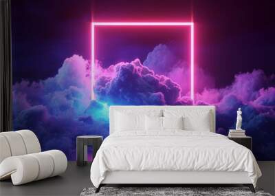 3d rendering, abstract geometrical background with square neon frame and stormy cloud glowing with pink blue light, Generative AI Wall mural