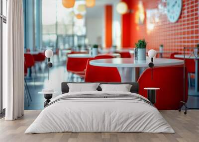 Colored cafeteria interior with closeup table and dining space with red design, Generative AI Wall mural