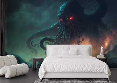 Dark fantasy scene showing Cthulhu the giant sea monster destroying ships, digital art style, illustration painting Wall mural