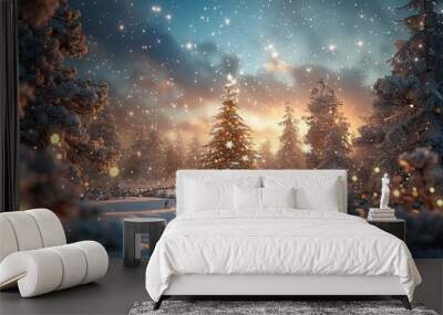 Fantastic winter landscape with christmas tree. 3D rendering. Christmas background with christmas tree, snow and stars. Beautiful christmas night, Generative AI Wall mural