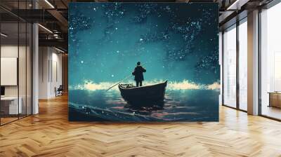 man rowing a boat in the sea under beautiful sky with stars, illustration painting, Generative AI Wall mural