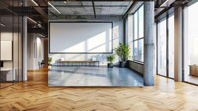 Modern office interior with white desks, chairs, green pendant lamp, and large windows, empty white wall on left, minimalistic design concept.  3D, Generative AI Wall mural