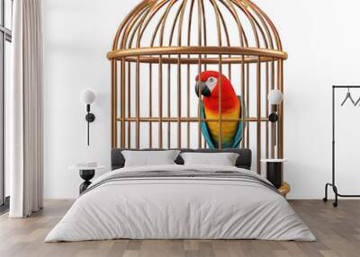 Birdcage with parrot inside isolated on white created with Generative AI Wall mural