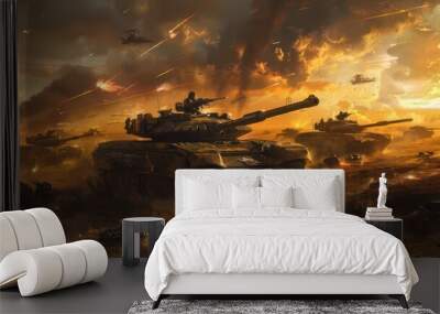 Modern tanks on a battlefield created with Generative AI Wall mural